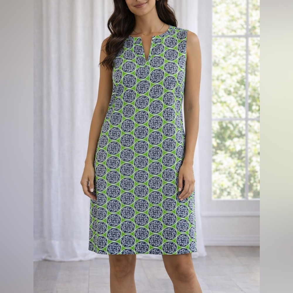 Katherine Way Green Blue Medallion Notch Neck Shift Dress Size 2XL
